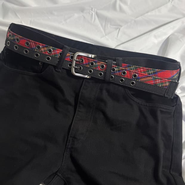 빈티지 타탄 체크 아일렛 레더 벨트