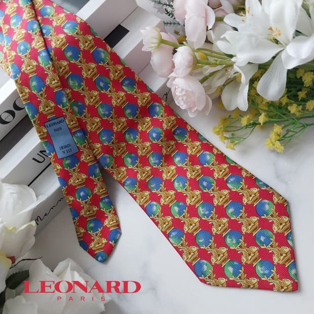 레오나드 실크 레드 오브젝트 패턴 넥타이 9.6cm A+등급 K1260
