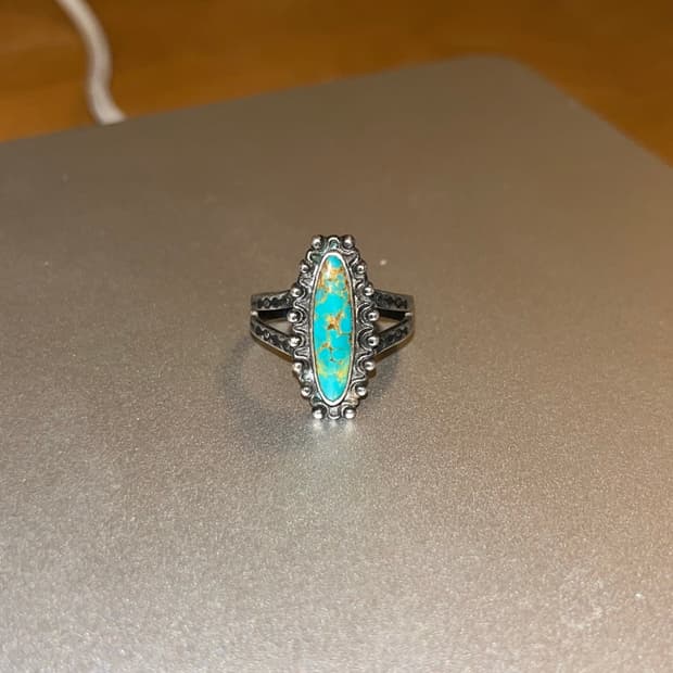 빈티지 나바호 스타일 오벌 터키석 링 (희소 디자인 / 스탬프 각인)