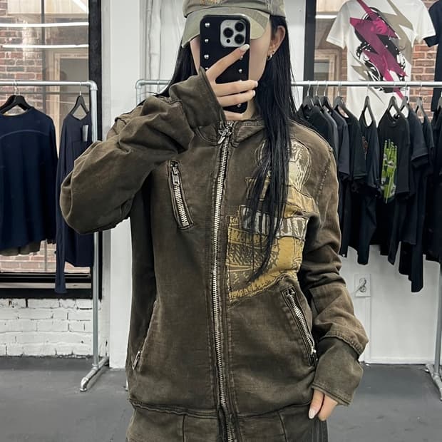 셀비지 그런지 패치워크 브라운 후드집업