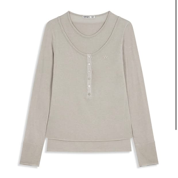 OPEN YY LAYERED HENLEY LOUNGE TEE, BEIGE