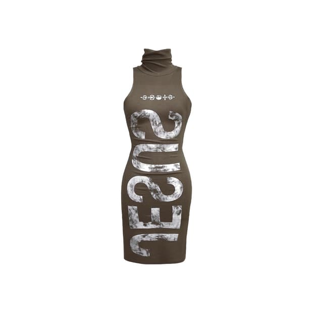 KIMYO RIPPED TEXT SLIM DRESS IN OLIVE