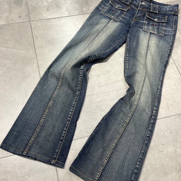 일본 빈티지 카고 포켓 부츠컷 워싱 데님 팬츠