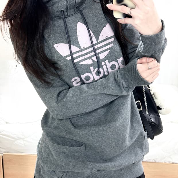 아디다스 연보라로고 그레이 롱 후드