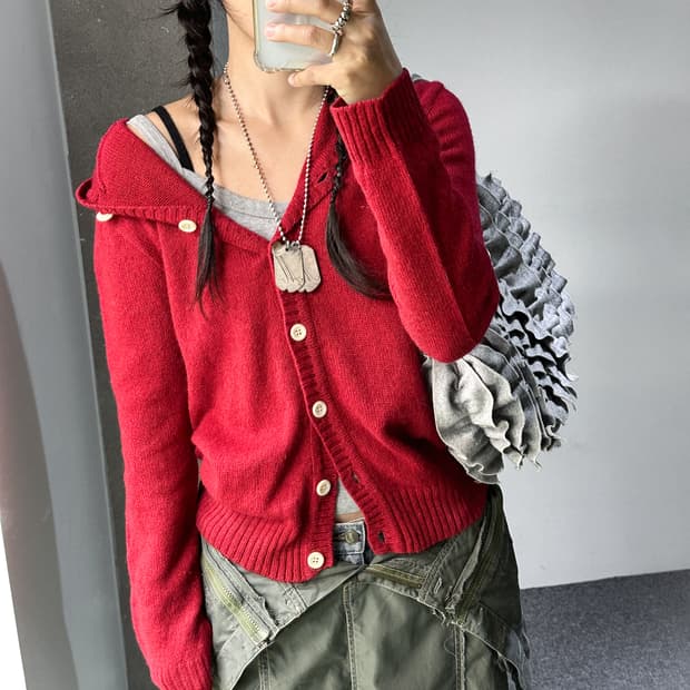 red knit hood cardigan