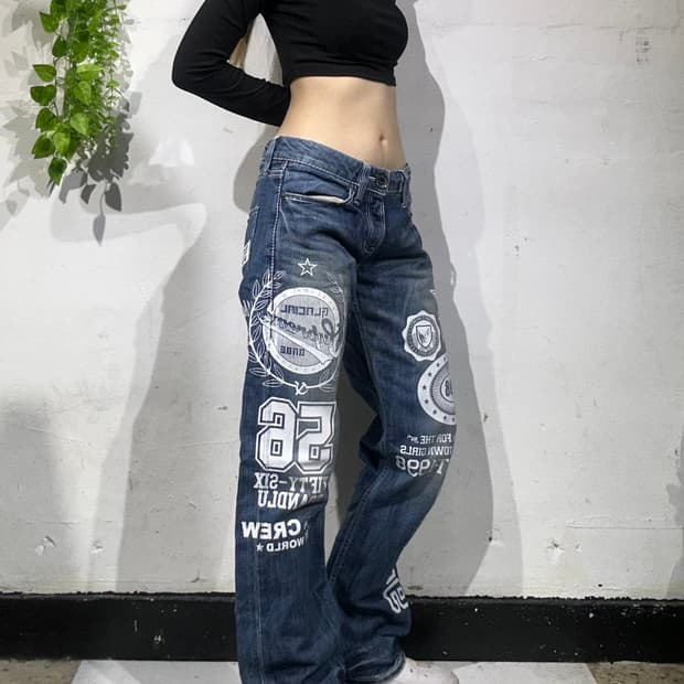 일본 빈티지 진청 Col-56 와이드 프린팅 힙합 데님 팬츠 청바지 