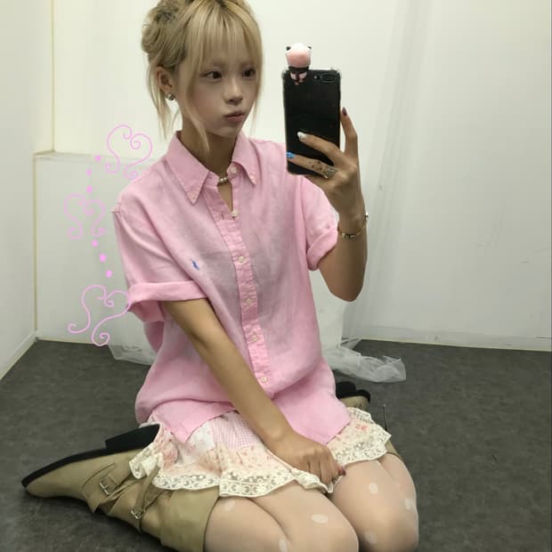 폴로 핑크 린넨 반팔 셔츠
