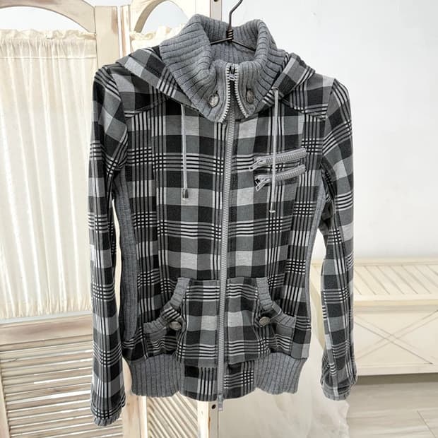 Y2k Gray check zip-up