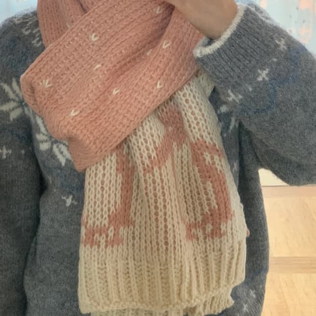 (미사용) 노르딕 펭귄 패턴 니트 목도리 핑크