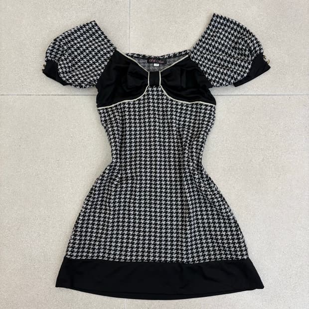 하운드체크 리본 원피스