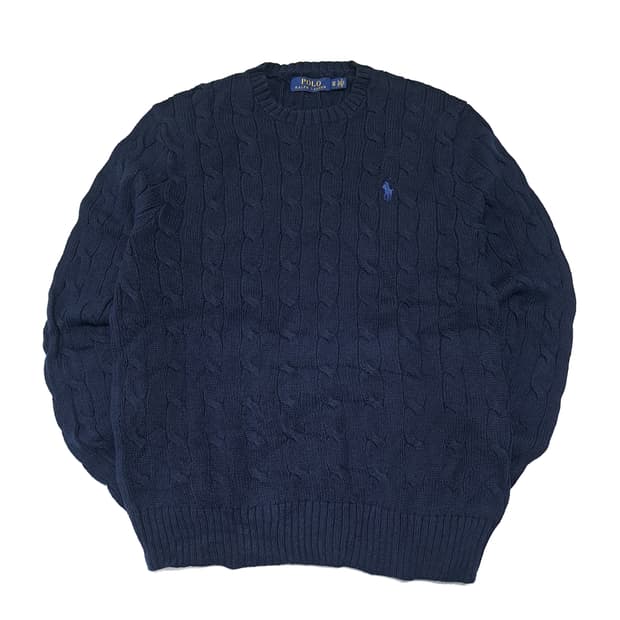 CL386 XS 폴로 코튼 케이블 크루넥 네이비 니트 스웨터