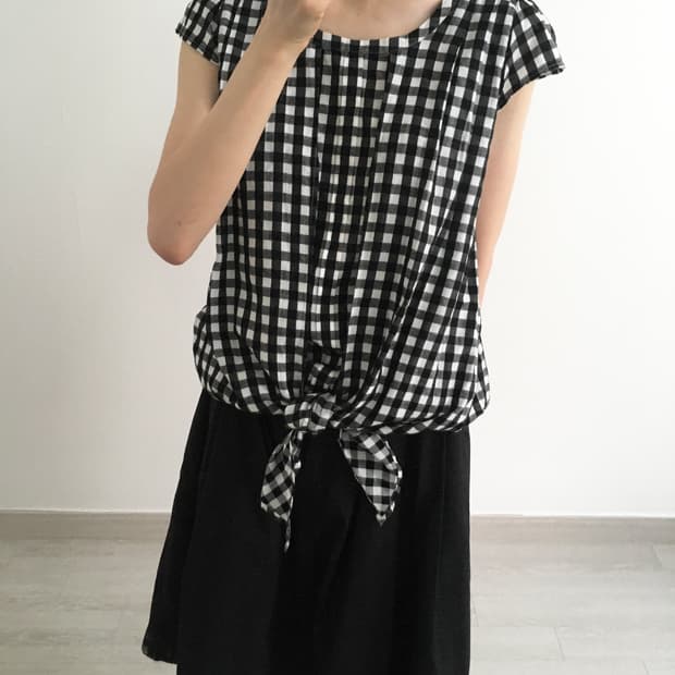 gingham check tie blouse