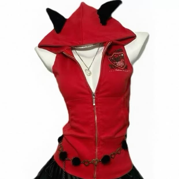 고스 펑크 레드 악마 뿔 집업 