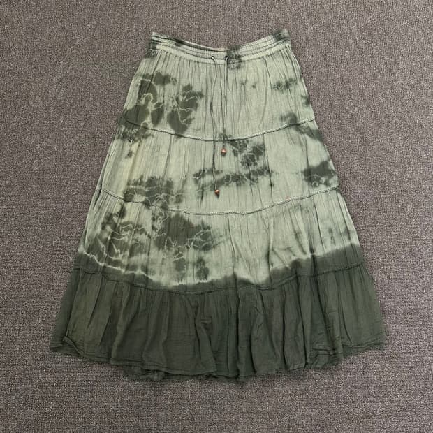 L)Japanese vintage 타이다이 패턴 올리브 그린 밴딩 롱스커