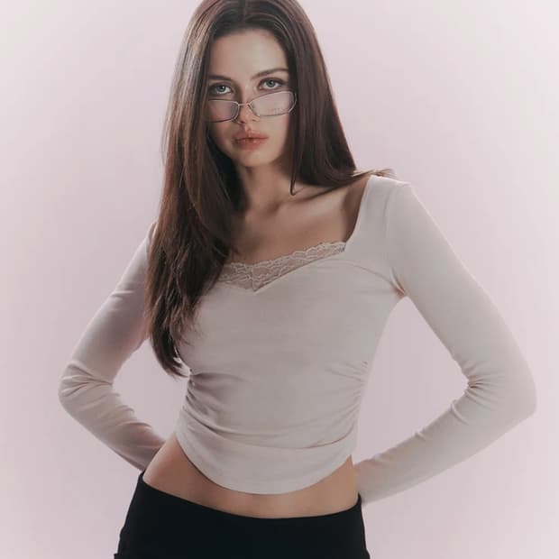 플리즈노팔로우 플노팔 베라 레이스 셔링 롱 슬리브 탑 핑크