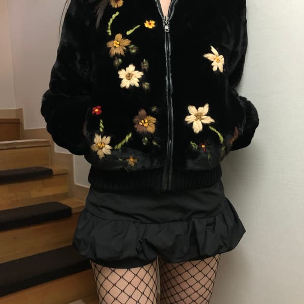 빈티지 ozoc 플라워 자수 에코 퍼 집업