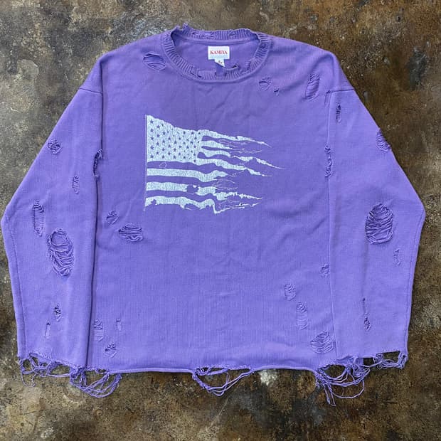 (XL) KAMIYA 성조기 데미지 퍼플 니트