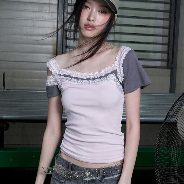 Poetish 레이스 레이어드 티셔츠 핑크
