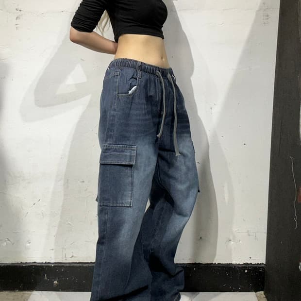 빈티지 진천 밴딩 워싱 데님 팬츠 카고 바지 