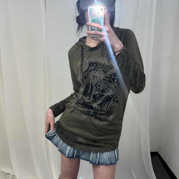 카키 Y2K 후드 롱슬리브