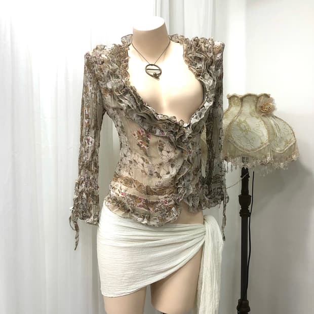 beige asymmetric frill floral blouse 