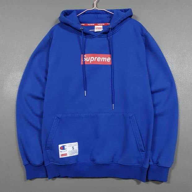 실측 M) 슈프림 X 챔피온 박스 로고 후드티 스웻셔츠 후디 블루