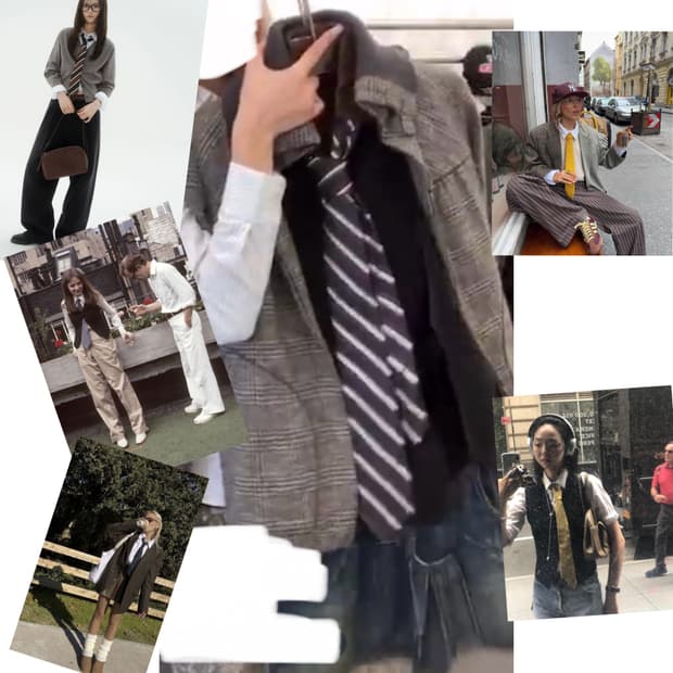 프레피룩 코디셋 ( 셔츠 베스트 치마 아우터 자켓 넥타이 )