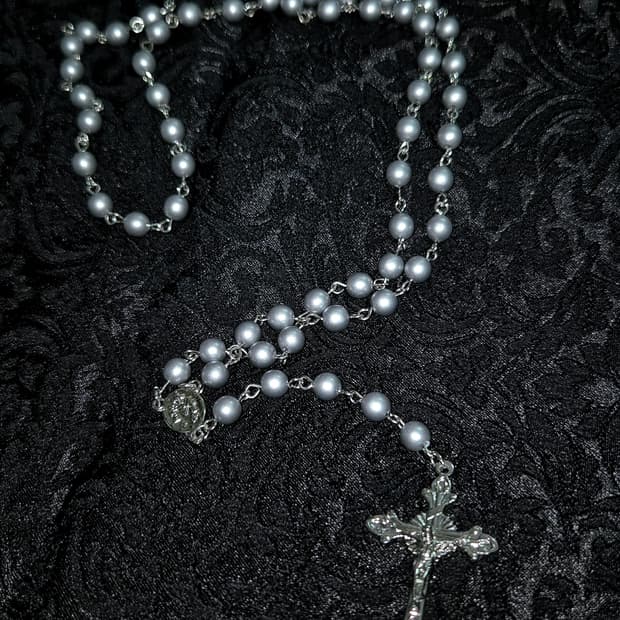 빈티지 고딕 고스 실버진주 로자리오 목걸이
