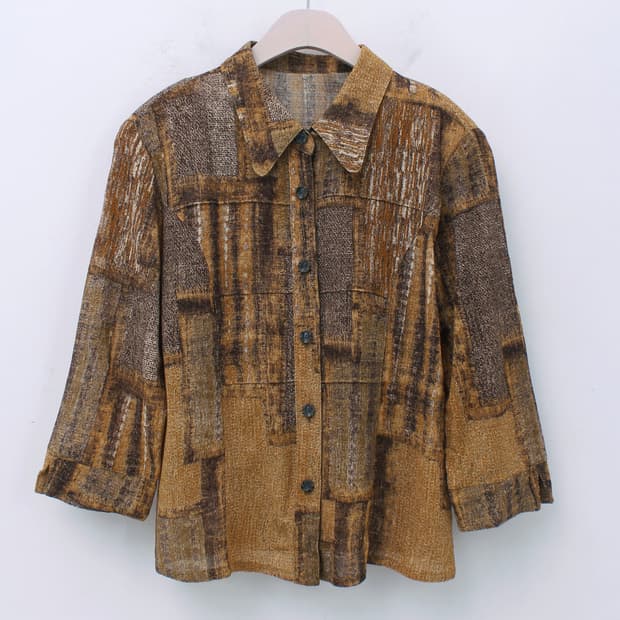 일본 수입 빈티지 옐로우 패턴 핀턱 블라우스