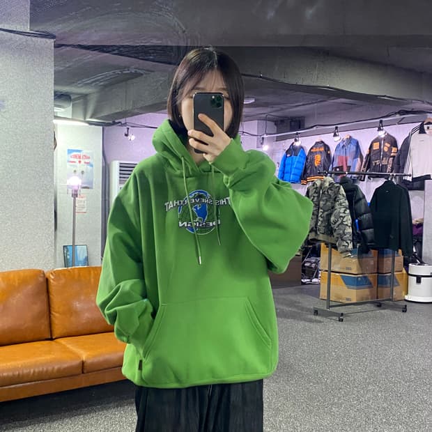 디스이즈네버댓 미들로고 어스 그린 후드티 B3569 