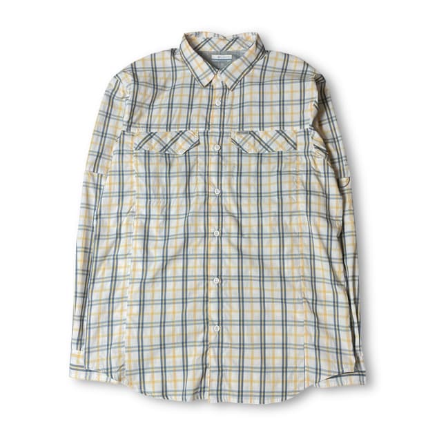컬럼비아 화이트 옐로우 블루 투포켓 체크 폴리 긴팔 셔츠 M