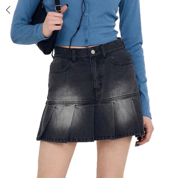 오드스튜디오 워싱 플리츠 데님 미니 스커트 블랙
