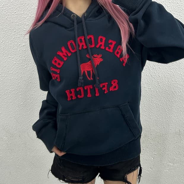 아베크롬비 레드 패치로고 네이비 후드 XL