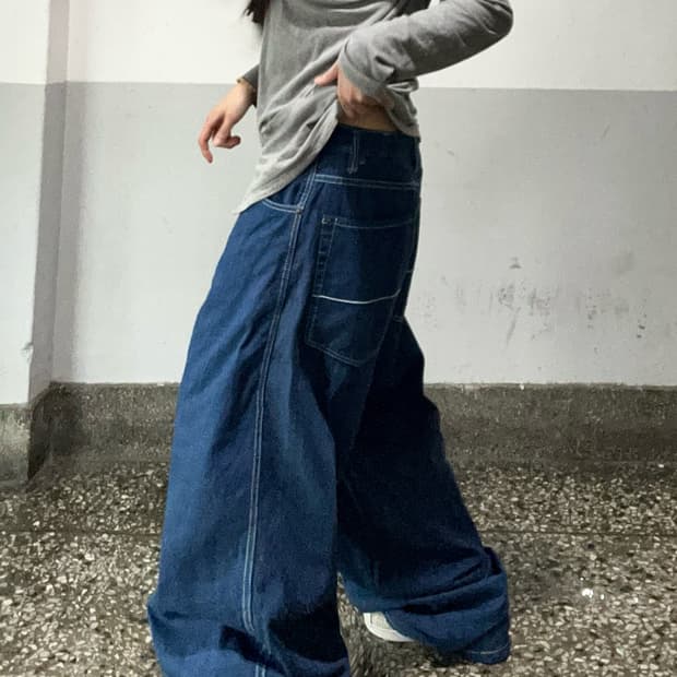 00s 네이비블루 스티치 데님와이드팬츠