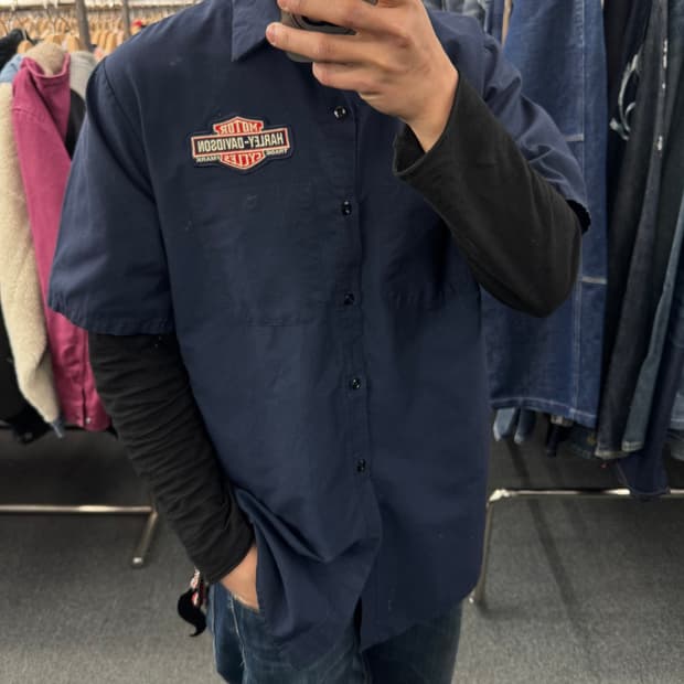 L)할리데이비슨 빈티지 패치 프린팅 네이비 반팔셔츠