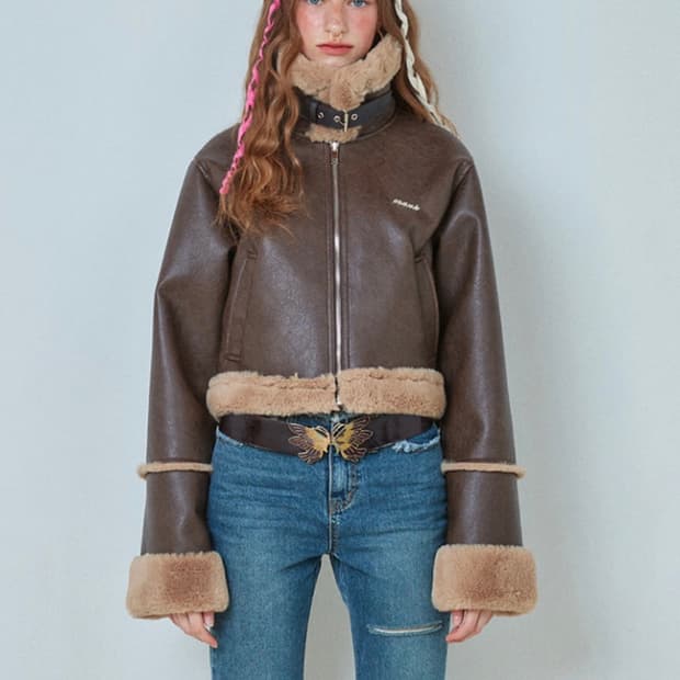 크랭크 버클 크롭 무스탕  브라운