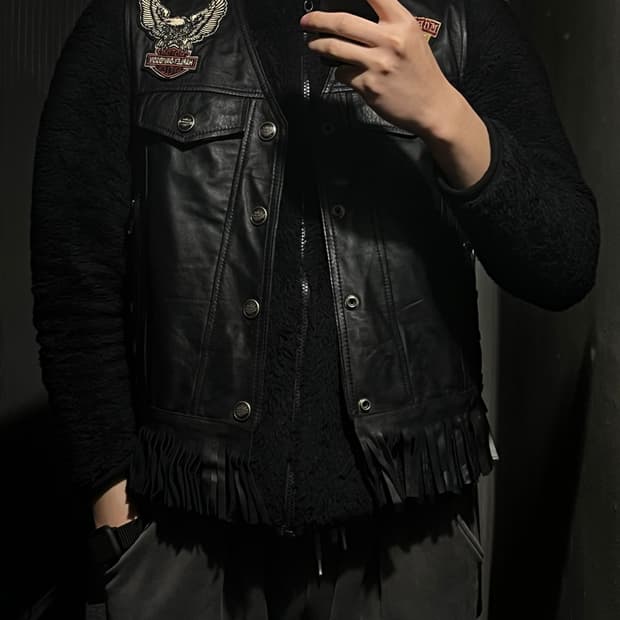 빈티지 블랙 할리데이비슨 멀티패치 소가죽 카우레더 라이더자켓 레더조끼