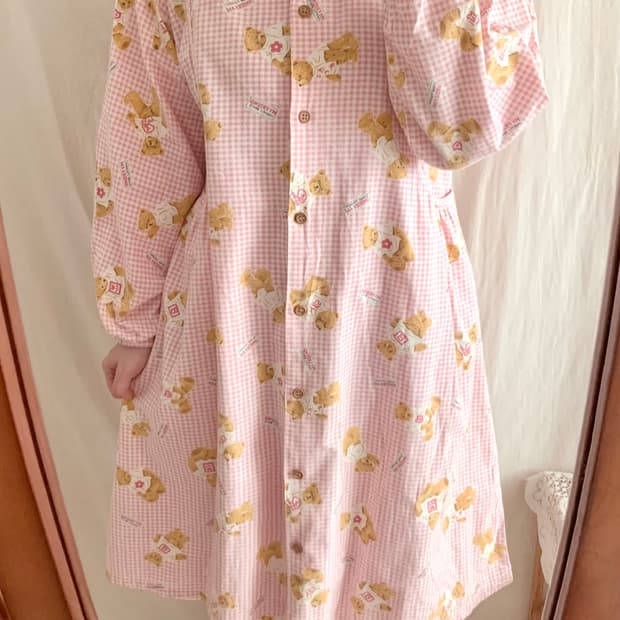 빈티지 핑크 체크 곰돌이 파자마