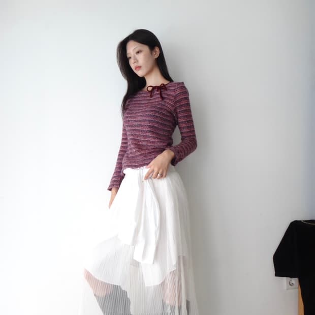 Boucle neck ribbon knit / purple