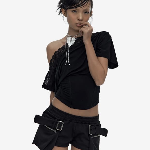 카시코 Lace One Shoulder Corset Tee Black-M