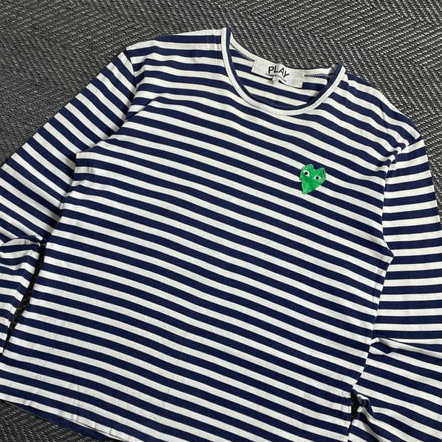 꼼데가르송 스트라이프 그린 와펜 긴팔 티셔츠y 4335