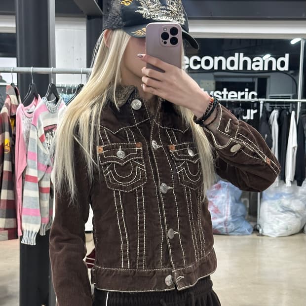 True Religion 브라운 코듀로이 쉐르파 자켓