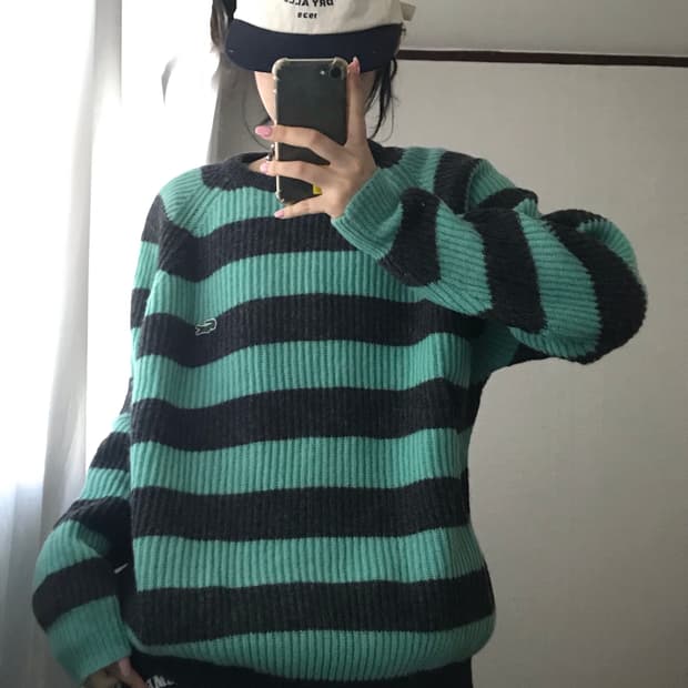 라코스테 그레이 민트 스트라이프 니트