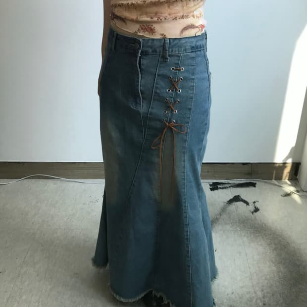 빈티지 레이스업 데님 맥시 스커트