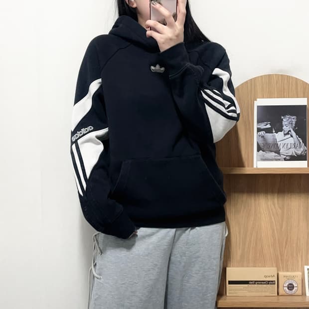 [정품] 아디다스 블랙 중앙트레포일 기모 후드티 [ S ]