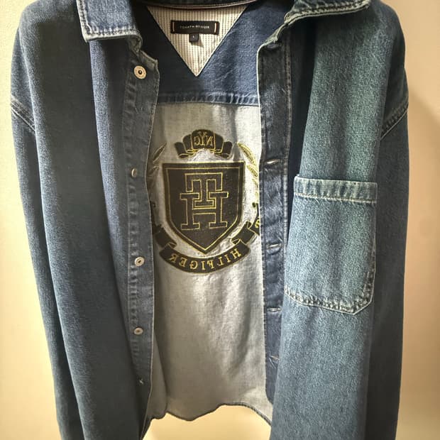 타미 힐피거 중청 빅로고 자수 데님 남방 (L)
