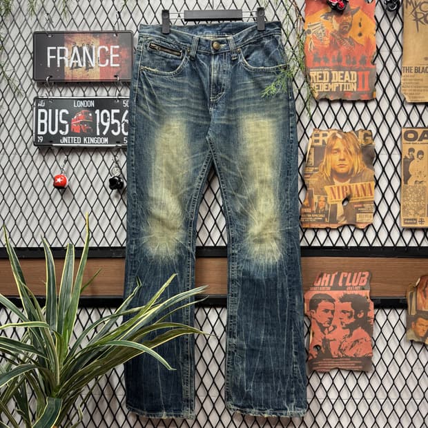 JPN VINTAGE 워싱 데님 팬츠 후면 포켓 포인트 중청
