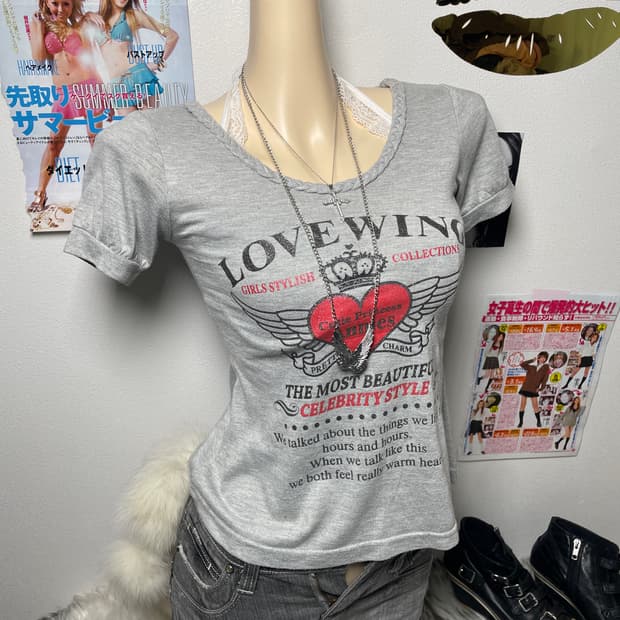 Y2k 펑크 그레이 날개 왕관 반팔티 탑