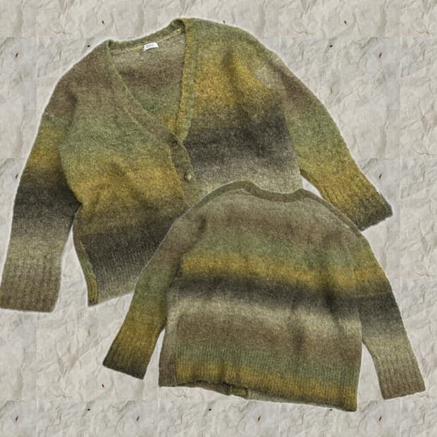 Lowrys Farm 그라데이션 말차맛 루즈핏 뽀글이 니트 가디건 그런지