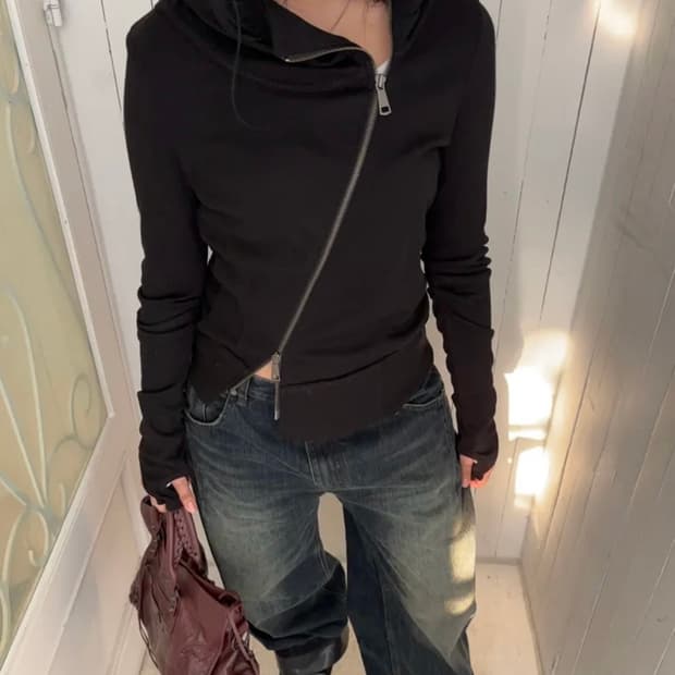 플리즈노팔로우 에디 언발 하이넥 후드집업